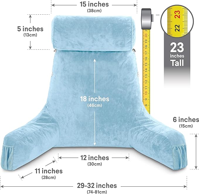 Husband Pillow Medium Reading Pillow with Arms - 23" Backrest for Sitting Up in Bed - Firm Support Bed Rest Pillow for Adults, Neck Roll, Removable Cover - TV, Reading, Lounging - Sky Blue