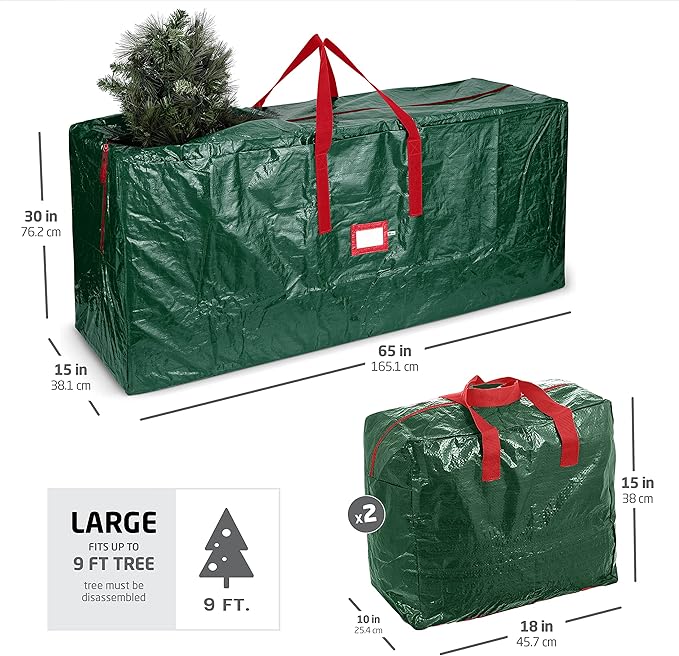 ZOBER Christmas Tree Storage Bag - With 2 Ornaments Accessories/Garland Bags - Fits 9 Ft Trees - Plastic, Waterproof Christmas Tree Bag For Storage Box For Xmas - Strong, Durable Handles - Green