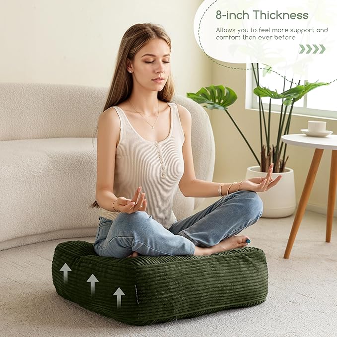HIGOGOGO 8" Extra Thick Floor Pillow Cushion for Adults, Meditation Cushion Pillow, Large Square Floor Sitting, Tufted Corduroy Cover, for Tatami Living Room or Yoga, 22x22 Inch, 2Pack, Dark Green