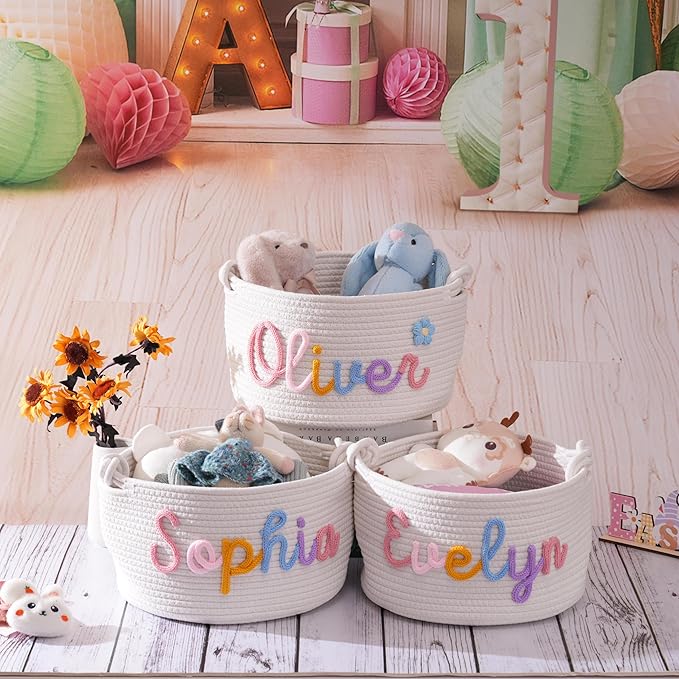 FKOG Baby Show Gift Basket, Personalized Cotton Rope Storage Basket, Baby Nursery Organizer with Custom Name, Newborn Baby Baptism Gift (Mix Color Basket)