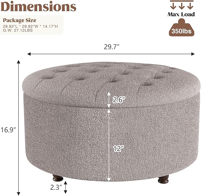 30 Inch Round Storage Ottoman,Modern Tufted Ottomans,Circular Coffee Table with Removable Top,Upholstered Large Ottoman with Storage Footrest Stool for Bedroom Living Room (Teddy Brown)