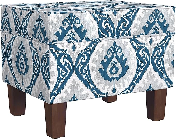 Homepop Home Decor |K7646-A877| Upholstered Modern Rectangular Storage Ottoman | Hinged Lid Ottoman with Storage for Living Room & Bedroom, Blue Ikat Medallion Print