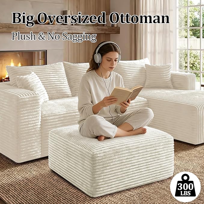Corduroy Ottoman, Modern Boneless Cloud Foot Rest Foam Support, Oversized Modular Sectional Sofa Stool for Living Room, Bedroom & Small Spaces, No Assembly Required(Beige, Ottoman) | Foam Support, Living Room Bedroom, No Assembly Required