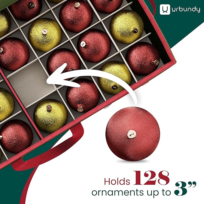 Christmas Ornament Storage Box - Green, Fits 128 Ornaments - Organizer With Dividers & Handles