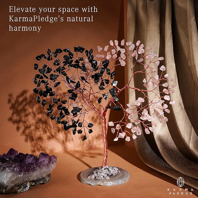 Handmade Healing Crystal Tree of Life Black Obsidian & Rose Quartz Chakra Tree for Money, Good Luck, Feng Shui Home Decor, Living Room Office Deocration, Unique Birthday Gifts for Women, Men, Mom