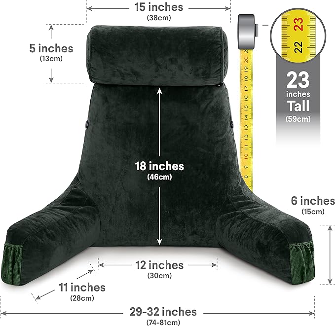 Husband Pillow Medium Reading Pillow with Arms - 23" Backrest for Sitting Up in Bed - Firm Support Bed Rest Pillow for Adults, Neck Roll, Removable Cover - TV, Reading, Lounging - Dark Green