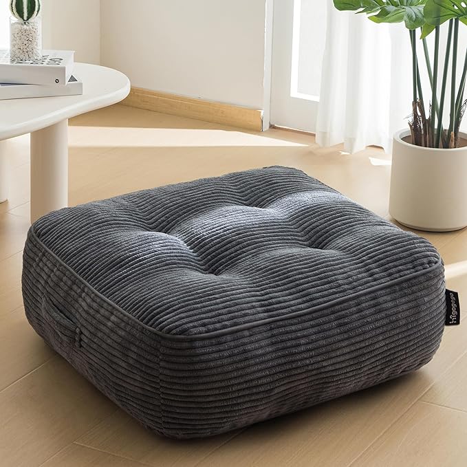 HIGOGOGO 8" Extra Thick Floor Pillow Cushion for Adults, Meditation Cushion Pillow, Large Square Floor Sitting, Tufted Corduroy Cover, for Tatami Living Room or Yoga, 22x22 Inch, Dark Grey
