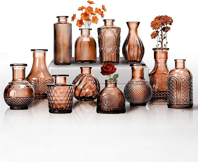 Mini Bud Vases Centerpieces for Tables, for Flowers,Small Flower Vases Suitable for Birthday Party,Anniversary,Wedding Reception,Baby Shower (Amber, 12PCS)