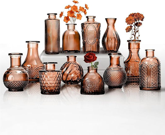 Mini Bud Vases Centerpieces for Tables, for Flowers,Small Flower Vases Suitable for Birthday Party,Anniversary,Wedding Reception,Baby Shower (Amber, 12PCS)