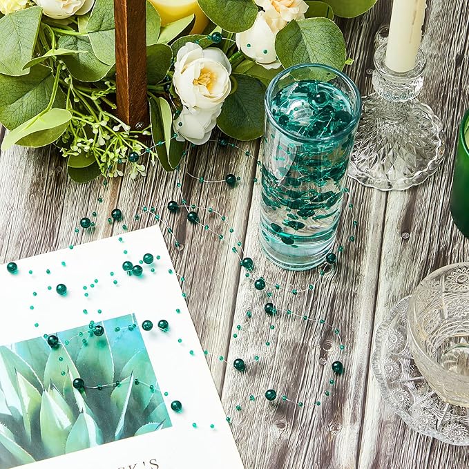 Tondiamo 24 Pcs Artificial Pearl String for Floating Candle Faux Pearls Beads String Garland Centerpiece Decoration for Vases Filler Wedding Spring Holiday Party Decor(Clear Green)