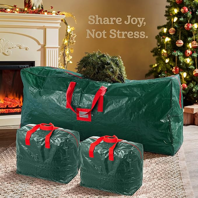 ZOBER Christmas Tree Storage Bag - With 2 Ornaments Accessories/Garland Bags - Fits 9 Ft Trees - Plastic, Waterproof Christmas Tree Bag For Storage Box For Xmas - Strong, Durable Handles - Green
