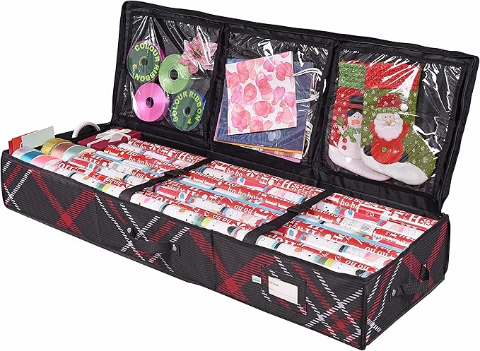 Propik Wrapping Paper Storage Container | Gift Wrap Organizer Under Bed | 41”x14”x6” | Box Holder for 18-24 Rolls Up to 40” | 600D Oxford Material | Pockets for Ribbon, Bows and Accessories (Plaid)