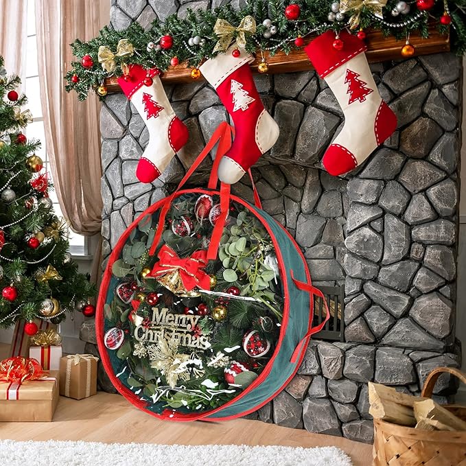 Coume 4 Pcs Christmas Wreath Storage Bag Garland Wreaths Container with Clear Window for Xmas Holiday Decorations Storage Protection Bags Resistant Water Box (24 Inch Diameter,7 Inch High)