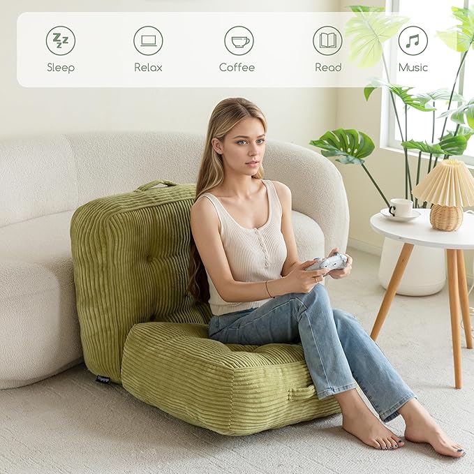 HIGOGOGO 8" Extra Thick Floor Pillow Cushion for Adults, Meditation Cushion Pillow, Large Square Floor Sitting, Tufted Corduroy Cover, for Tatami Living Room or Yoga, 22x22 Inch, Green
