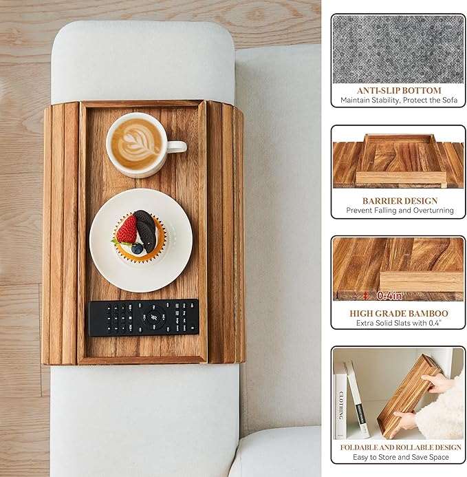 GEHE Acacia Wood Sofa Arm Tray, Foldable Couch Arm Tray Side Table, Anti-Falling Armrest Tables Cup Holder for Snacks, Drinks, Beers, Phone, Control, Flexible and Portable, Anti-Slip