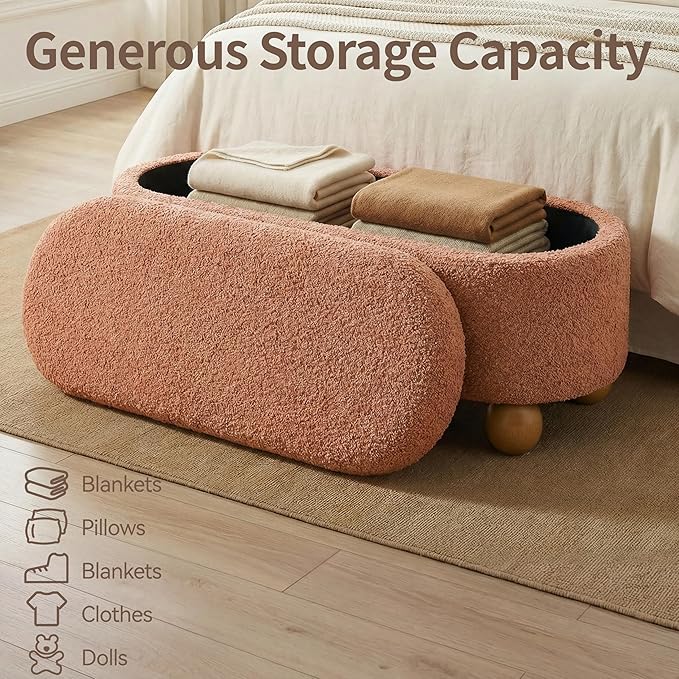 VKNOW 44.8" Storage Ottoman Bench End of Bed Bench, Thickened Upholstered Blanket Chest for Living Room, Entryway Bench with Cute Spherical Solid Wood Stool Legs for Bedroom, Orange