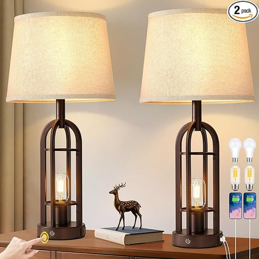 SRJJA 24" Table Lamps for Living Room Set of 2, Rustic Farmhouse 3-Way Dimmable Touch Industrial Bedside Lamps with USB A+C for Bedroom Nightstand，4 Bulbs Included