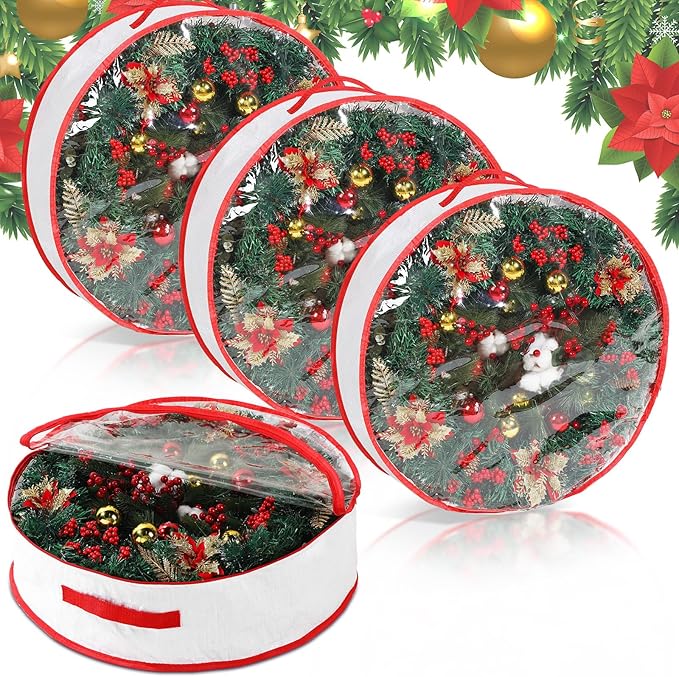 Aliceset 4 Pack Wreath Storage Containers, Ornament Garland Wreath Storage Bags with Handle Zipper Decorative Storages Box for Winter Valentine Wreaths(24 x 24 x 7.8 Inch,White)