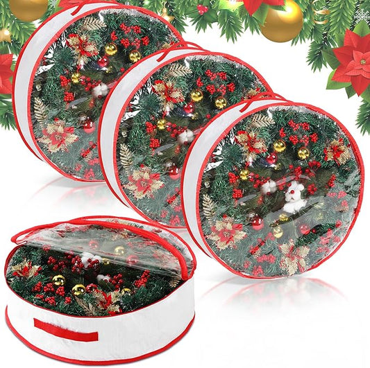 Aliceset 4 Pack Wreath Storage Containers, Ornament Garland Wreath Storage Bags with Handle Zipper Decorative Storages Box for Winter Valentine Wreaths(24 x 24 x 7.8 Inch,White)