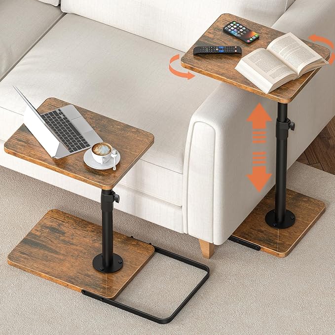 Tv Trays Set of 2 for Couch - 360°Swivel Height Adjustable, Larger Metal and Wooden Base to Prevent Slipping，TV Tray C Shaped End Table Food Snack Trays for Eating Sofa Bed Bathroom