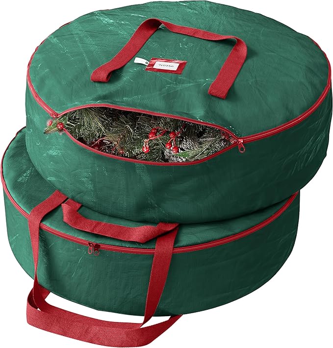 Heavy Duty Wreath Storage Bag 24 Inch, 2-Pack - Christmas Wreath Storage Container Green - Waterproof Plastic Material Wreaths Holder Storages - Holds 24 Inch Wreaths For Year Round