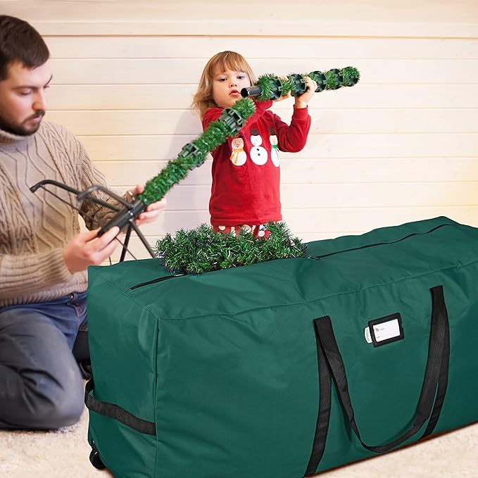 Primode Xmas Rolling Tree Storage Bag, Large Heavy Duty Storage Container, 22" Height X 16" Wide X 50" Long with 2 Wheels and Handles Fits Up to 7.5 Foot Tall Disassembled Holiday Tree (Green)