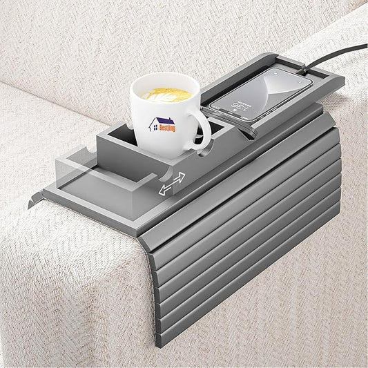 Bestjing Bamboo Couch Armrest Table, Sofa Arm Tray with Detachable Couch Cup Holder- 2 in 1 Anti-Slip Foldable Sofa Armchair Caddy Table for Drinks Cellphone TV Remote Snacks (Gray)