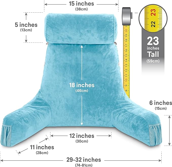 Husband Pillow Medium Reading Pillow with Arms - 23" Backrest for Sitting Up in Bed - Firm Support Bed Rest Pillow for Adults, Neck Roll, Removable Cover - TV, Reading, Lounging - Carolina Blue