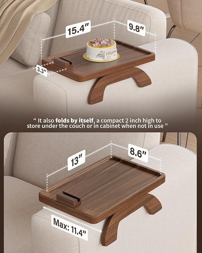 BLUEWEST Sofa Armrest Tray, Arm Table Sofa Arm Tray Clip on Tray Table with 360° Rotating Phone and Cup Holder for TV Dinners, Remote, Drinks and Snacks (Rectangle, Walnut)