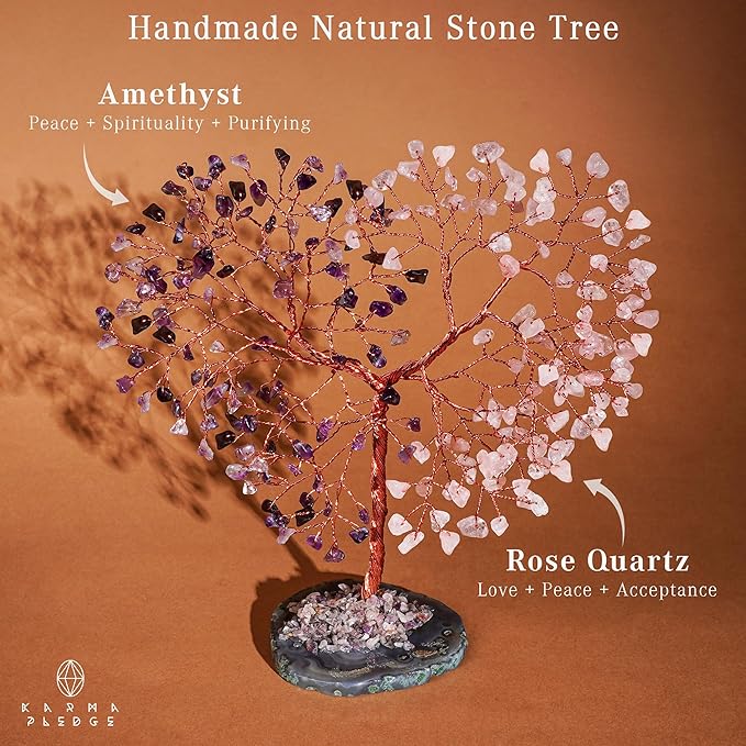 Handmade Healing Crystal Tree of Life Amethyst & Rose Quartz Chakra Tree for Money, Good Luck, Feng Shui Home Decor, Living Room Office Deocration, Unique Birthday Gifts for Women, Men, Mom