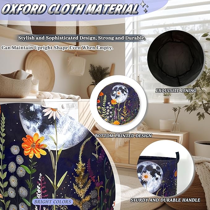 Moon Colorful Flowers Laundry Basket Oxford Cloth Beautiful Floral Laundry Hamper With Handle Foldable Portable Clothes Storage Basket Moon Laundry Bag 18.9"x16.5" For Laundry Room/Bedroom/Bathrooms
