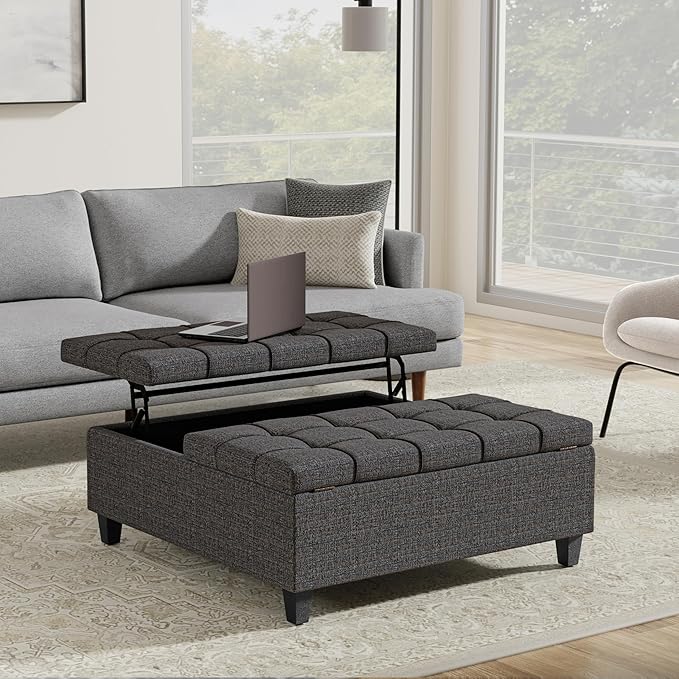 SIMPLIHOME Harrison Large Coffee Table Storage Ottoman - 40 inch Wide Upholstered Tweed Look Fabric Square Lift-Top Ottoman in Ebony, Transitional Bench for Living Room with Sturdy Base