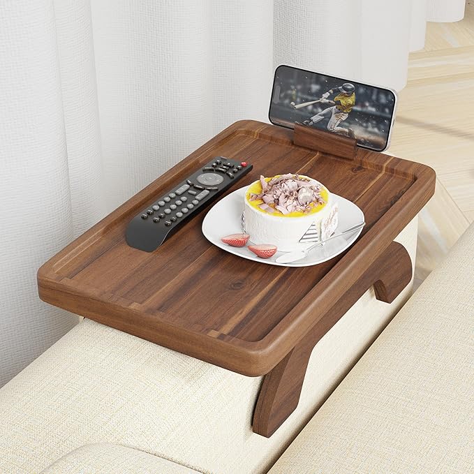 BLUEWEST Sofa Armrest Tray, Arm Table Sofa Arm Tray Clip on Tray Table with 360° Rotating Phone and Cup Holder for TV Dinners, Remote, Drinks and Snacks (Rectangle, Walnut)