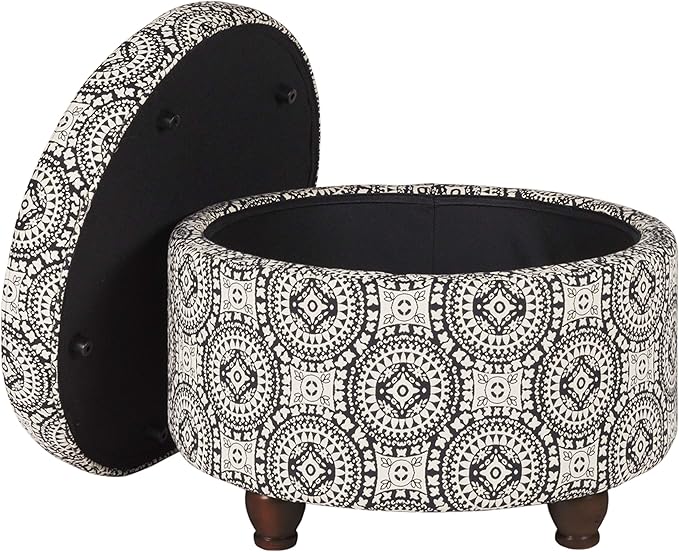 Homepop Home Decor | Upholstered Round Storage Ottoman | Ottoman with Storage for Living Room & Bedroom, Black and White Medallion Large