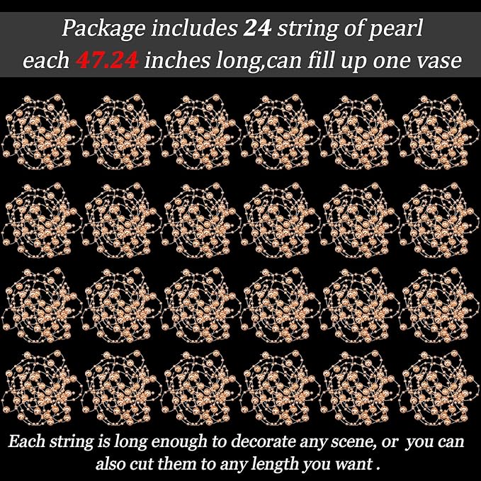 Tondiamo 24 Pcs Artificial Pearl String for Floating Candle Faux Pearls Beads String Garland Centerpiece Decoration for Vases Filler Wedding Spring Holiday Party Decor(Rose Gold)