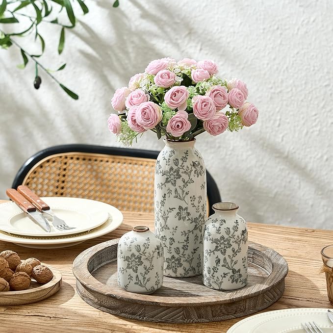 Ceramic Flower Decorative Antique Vase Set of 3, Vintage Rustic Chinoiserie Floral Vase for Home Decor, Living Room, Bookshelf, Office, Entryway, Garden, Chinoiserie Decor, Tuscan Decor- Gray