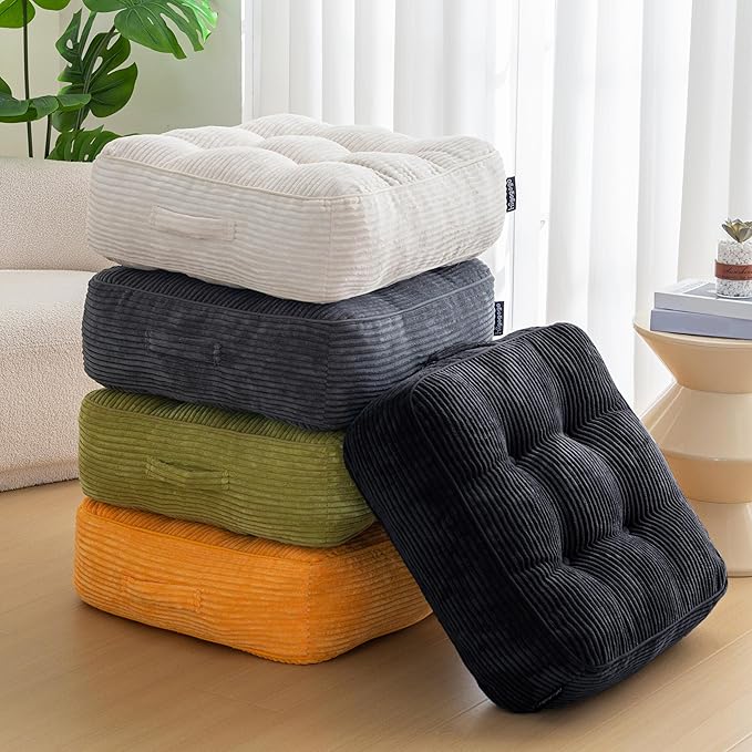 HIGOGOGO 8" Extra Thick Floor Pillow Cushion for Adults, Meditation Cushion Pillow, Large Square Floor Sitting, Tufted Corduroy Cover, for Tatami Living Room or Yoga, 22x22 Inch, Black