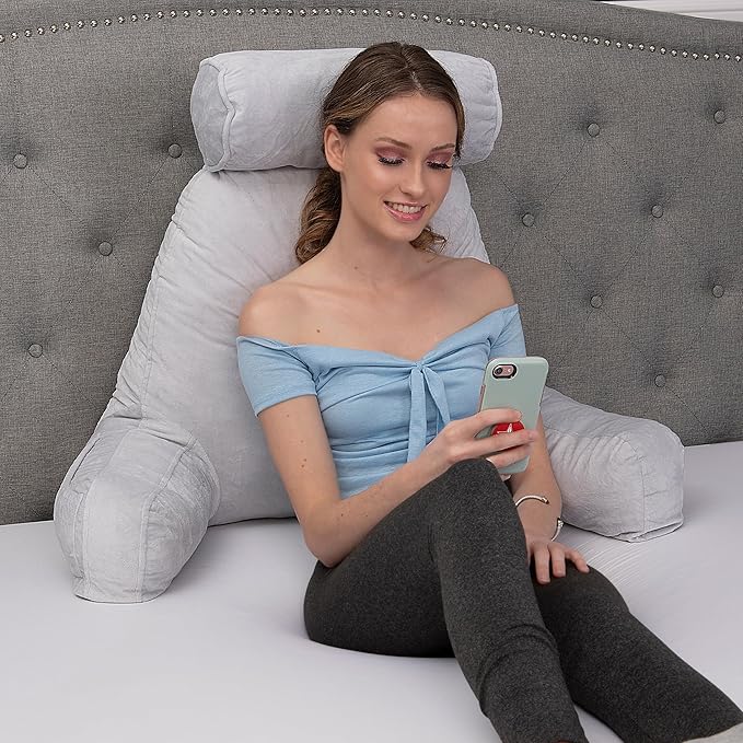 Husband Pillow XXL The Original for Adults - 30" Tall Backrest for Sitting Up in Bed - Firm Support Reading & Bed Rest Pillows for Adults, Neck Roll, Removable Cover - TV - Light Grey
