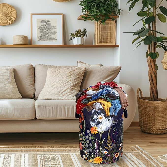 Moon Colorful Flowers Laundry Basket Oxford Cloth Beautiful Floral Laundry Hamper With Handle Foldable Portable Clothes Storage Basket Moon Laundry Bag 18.9"x16.5" For Laundry Room/Bedroom/Bathrooms