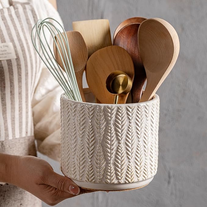 Utensil Holder Rustic Farmhouse Ceramic Utensil Crock for Countertop 5.3-Inch Handcrafted Kitchen Cooking Utensil Crocks with Cork Base Kitchen Decor Utensil Caddy(Pure White)