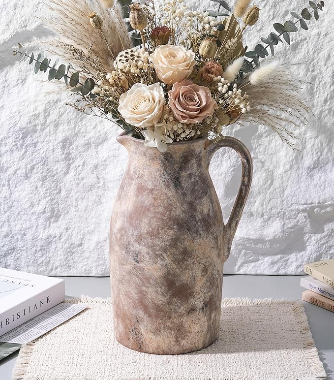 Ceramic Flower Vase with Handles,11" Neutral Tall Clay Terracotta Vases Farmhouse Table Vases with Handle Living Room Decor Rustic Pottery Pots for Home Shelf Coffee Dining Desk Fireplace