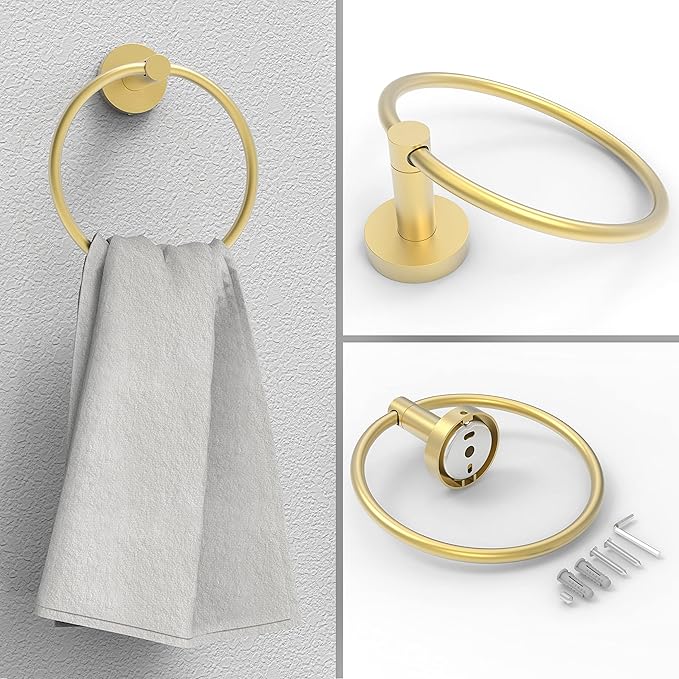 RARXTR Gold Toilet Paper Holder & Towel Ring SUS304 Stainless Steel 2pc Bathroom Hardware Set with Double Post Pivoting Toilet Paper Roll Holder Wall Mount & Bathroom Towel Holder Set