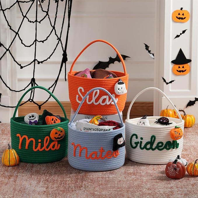 JUPPE Personalized Halloween Trick or Treat Basket, Custom Cotton Rope Candy Storage, Multi-Color, Medium 10x8 inches (Style 9)