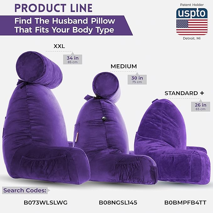 Husband Pillow Medium Reading Pillow with Arms - 23" Backrest for Sitting Up in Bed - Firm Support Bed Rest Pillow for Adults, Neck Roll, Removable Cover - TV, Reading, Lounging - Purple