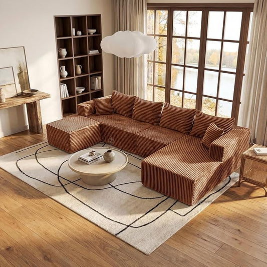 Modular Sectional Sofa, Boneless Compressed Sofa in a Box, U-Shaped Cloud Couch with Deep Seats & Chaise for Living Room, No Assembly Required (Orange, 118" U-Shape with Right Facing Chiase) | Boneless Compressed, Sofa in a Box, Cloud Couch, Deep Seats...
