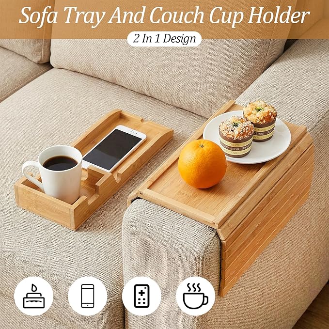 Couch Cup Holder Tray, Bamboo Couch Arm Cup Holder 2 in 1 Anti-Slip Sofa Armchair Caddy Table with Detachable Cups Holders Foldable Sofa Arm Organizer Tray for Drinks Cellphone Snacks Remote