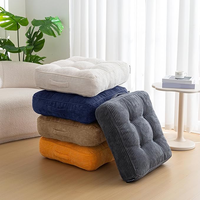 HIGOGOGO 6" Extra Thick Floor Pillow Cushion for Adults, Meditation Cushion Pillow, Large Square Floor Sitting, Tufted Corduroy Cover, for Tatami Living Room or Yoga, 22x22 Inch, Coffee