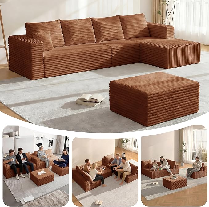 Modular Sectional Sofa, Boneless Compressed Sofa in a Box, U-Shaped Cloud Couch with Deep Seats & Chaise for Living Room, No Assembly Required (Orange, 118" U-Shape with Right Facing Chiase) | Boneless Compressed, Sofa in a Box, Cloud Couch, Deep Seats...
