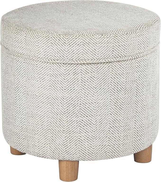 Homepop Home Decor | Upholstered Round Storage Ottoman | Ottoman with Storage for Living Room & Bedroom, Cream Chevron Woven