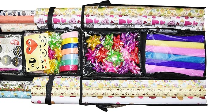 Freegrace Double-Sided Hanging Gift Wrap Organizer - Large 16 x 41 Inch Wrapping Paper Storage Bag - Tearproof 600D Oxford Closet Gift Bag & Ribbon Organization Storage Caddy, Beige (Black)